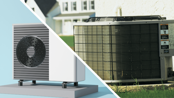 Two images collage with a picture of a heat pump on one side and a traditional air conditioner unit on the other